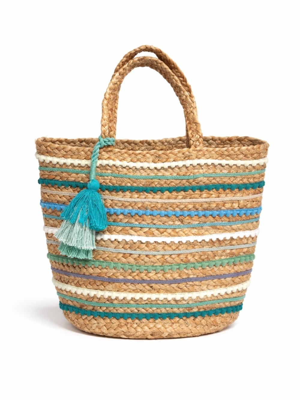 Chico’s Woven Jute Striped Tote Bag Blue Pom Tassel Beach Boho Coastal